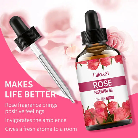 Rose essential oil bottle with rose petals