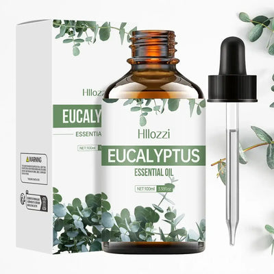 Eucalyptus essential oil bottle with fresh eucalyptus leaves