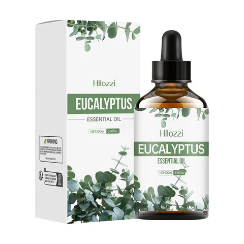 Eucalyptus essential oil bottle with fresh eucalyptus leaves