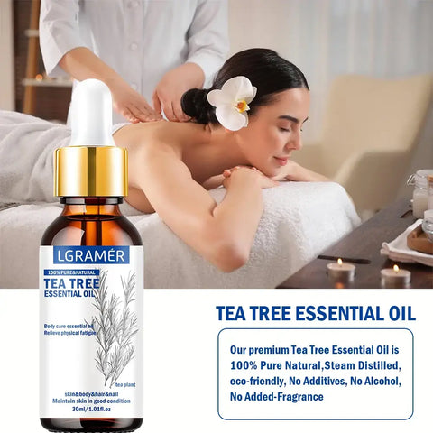 Essential Tea Tree oil bottle for massage, relaxation, and care
