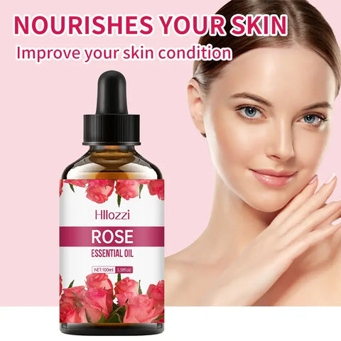 Rose essential oil bottle with rose petals