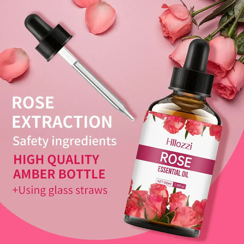 Rose essential oil bottle with rose petals