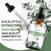 Eucalyptus essential oil bottle with fresh eucalyptus leaves