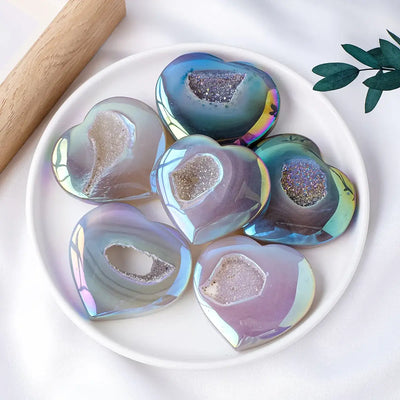 Single natural aura agate crystal with vibrant colors