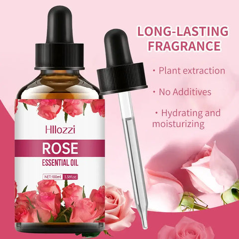 Rose essential oil bottle with rose petals