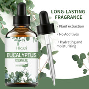 Eucalyptus essential oil bottle with fresh eucalyptus leaves