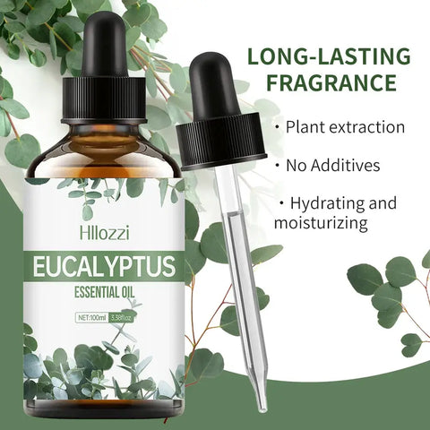 Eucalyptus essential oil bottle with fresh eucalyptus leaves
