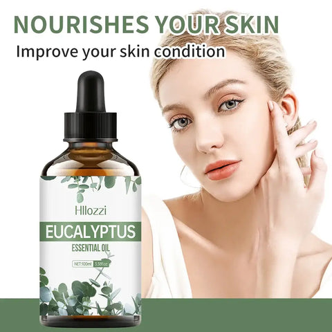 Eucalyptus essential oil bottle with fresh eucalyptus leaves